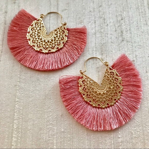 Blue Mandala Jewelry - Filigree and Fringe Hoop Earrings - Pink